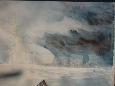 Tom painting barn and buggies in snow in progress